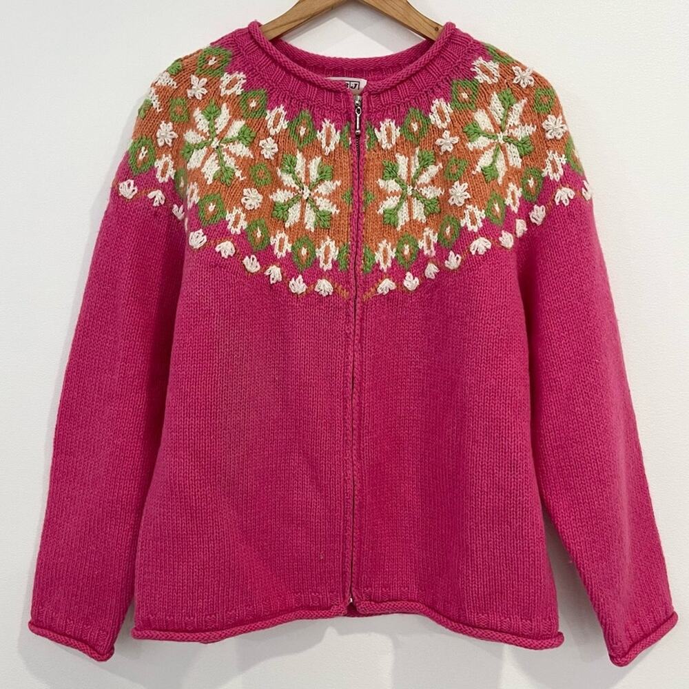 Vintage Women’s Pink Zip-Front Fair Isle Cardigan Sweater